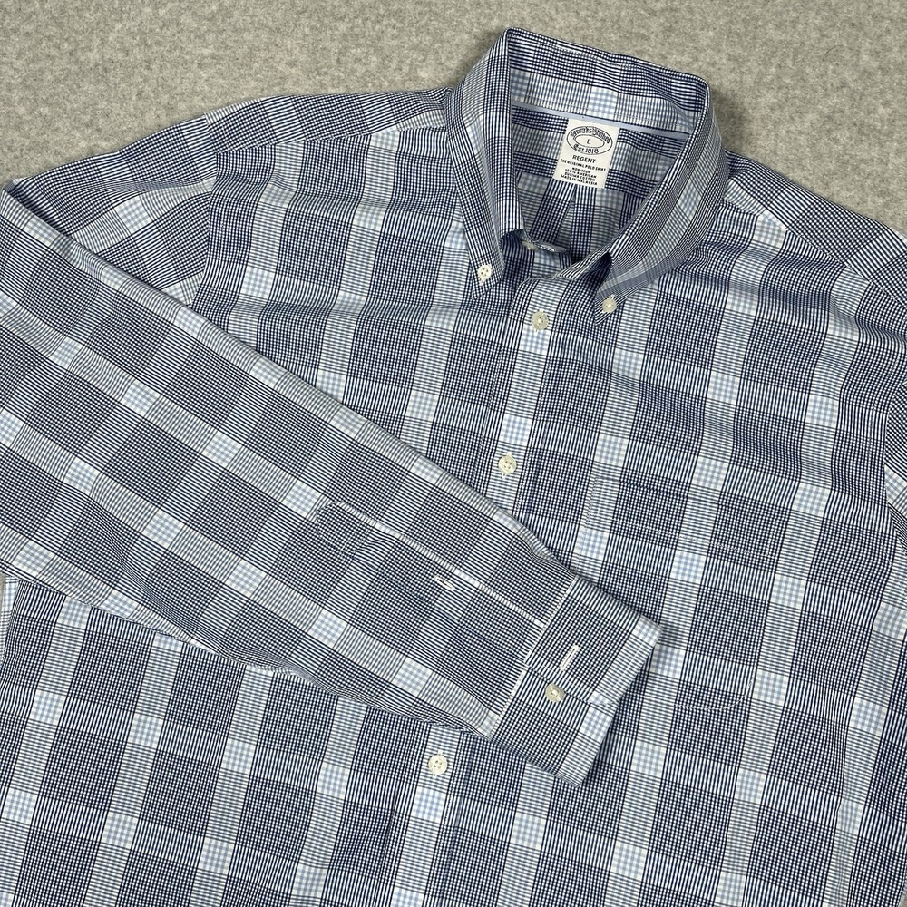 Brooks Brothers 1818‎ Regent Mens L blue plaid non iron supima dress shirt